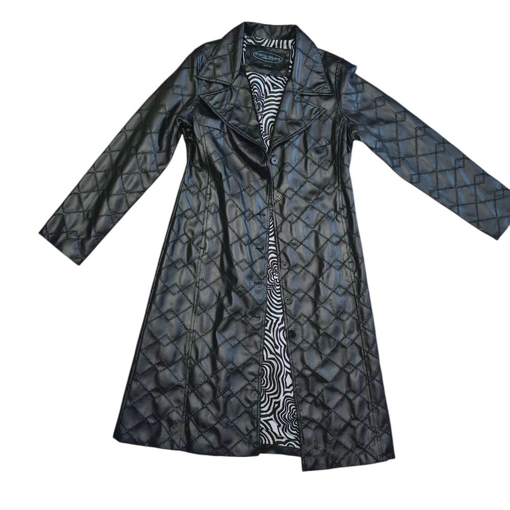 Paris Blues Faux Leather Trench Coat L Black Quilted Y2K Goth Psychedelic Lining